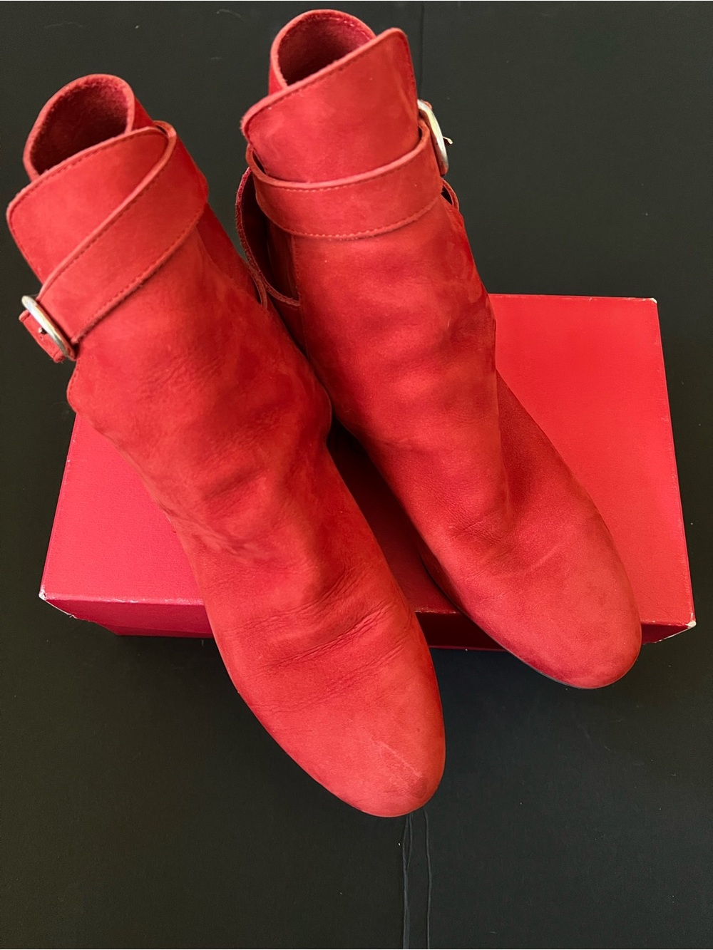 Arche Woman’s Red Suede Slouchy Bootie with Wrap Around Ankle Strap